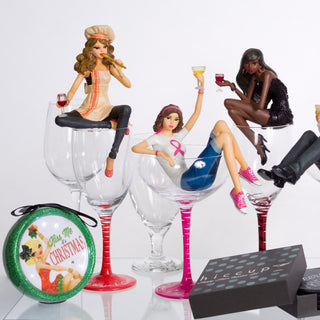 Cheers to the Survivor! 10.25" Girl in Glass with Pink Ribbon to symbolize overcoming Breast Cancer.