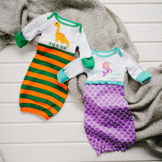Striped Dino Gown with Mitten Cuffs