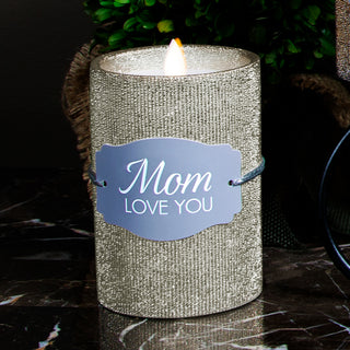 Mom 4.75" Gold Glitter Realistic Flame Candle