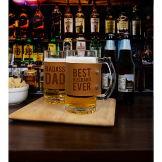 Husband 16 oz Glass Stein with PU Leather Wrap