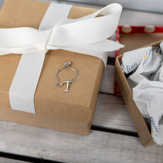 T Adjustable Rhodium Plated Monogram Ring