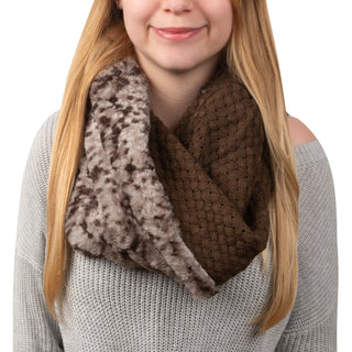 Warm Brown Weave Knit & Faux Fur Infinity Scarf