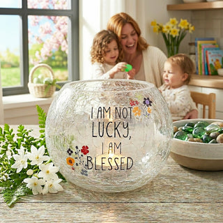 Blessed 5" Crackled Glass Votive Holder